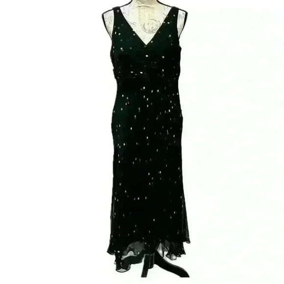 Anne Klein Dresses & Skirts - Anne Klein Silk Sleeveless Ruffle Front Slit Midi Dress Black w/Dots Sz 10